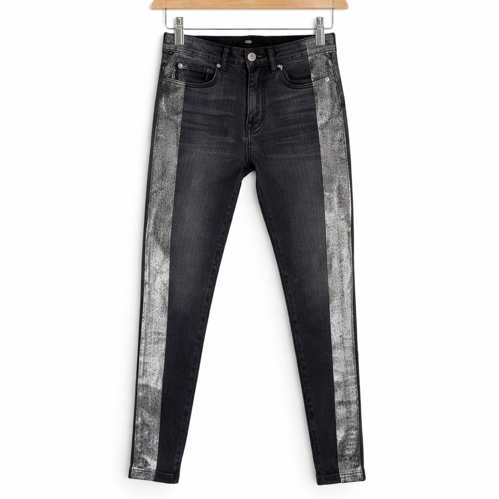 7 For All Mankind Black Foil Stripe High Rise Skinny Jeans Size 30 NWT Edgy